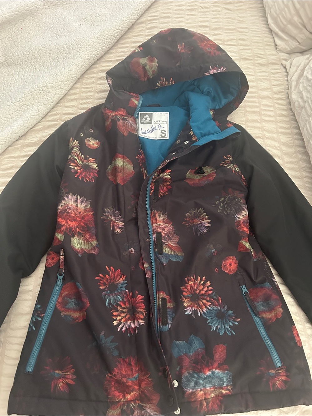 Aperture Floral Hooded snow Jacket - Black with Red & Teal Accents